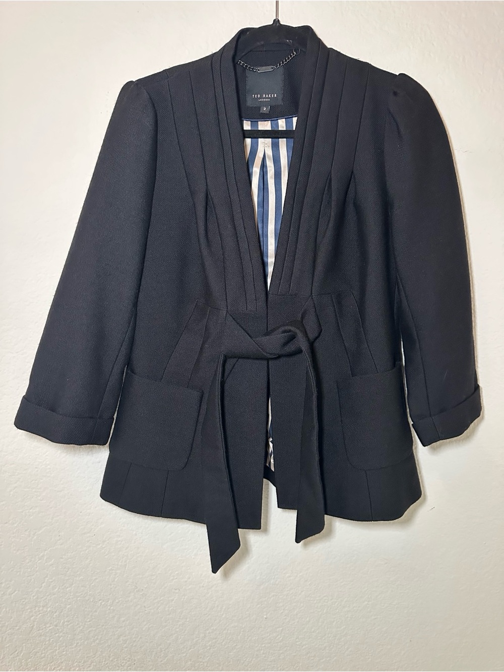 Vintage Ted Baker Women’s Black Tie Front Pleated Lapel Blazer